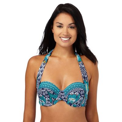 Beach Collection Turquoise floral print halter neck bikini top
